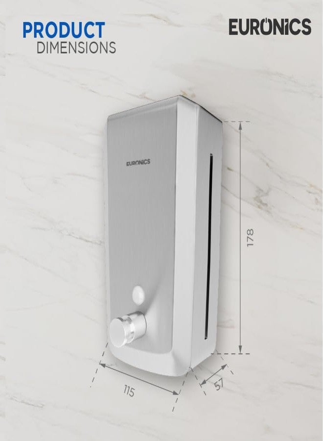 Euronics ES04 Manual Soap Dispenser | 1000ml Wall-Mounted Liquid Soap Dispenser | 304 Stainless Steel Body | Brass Pump Valve & SS Spring | Durable Manual Press for Commercial Washrooms - Image 2